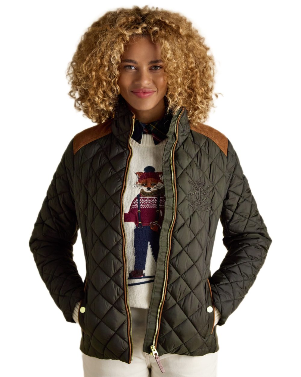 Khaki Green Coloured Joules Braemar Luxe Jacket On A White Background