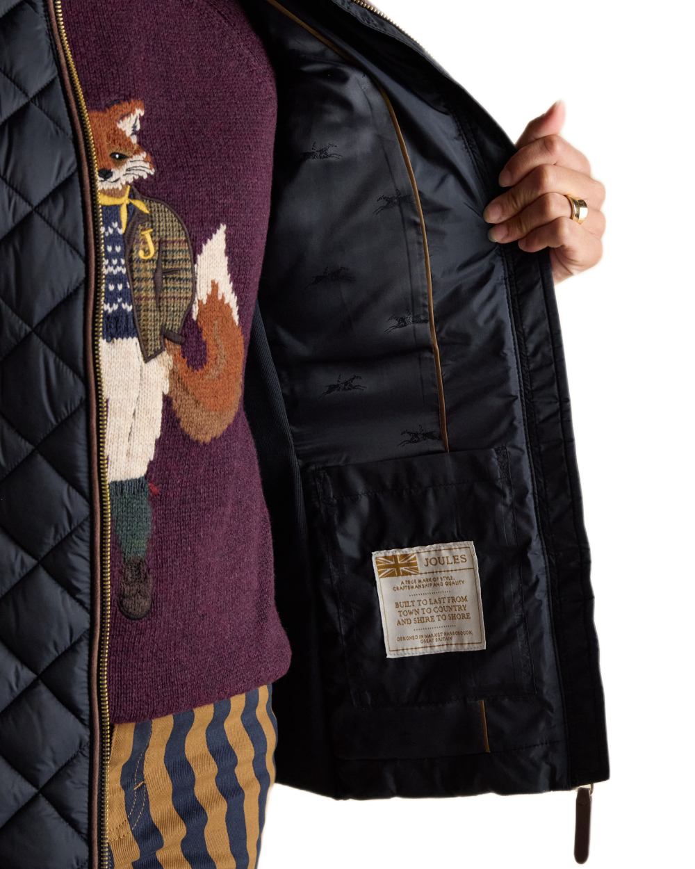 Navy Coloured Joules Braemar Luxe Jacket On A White Background