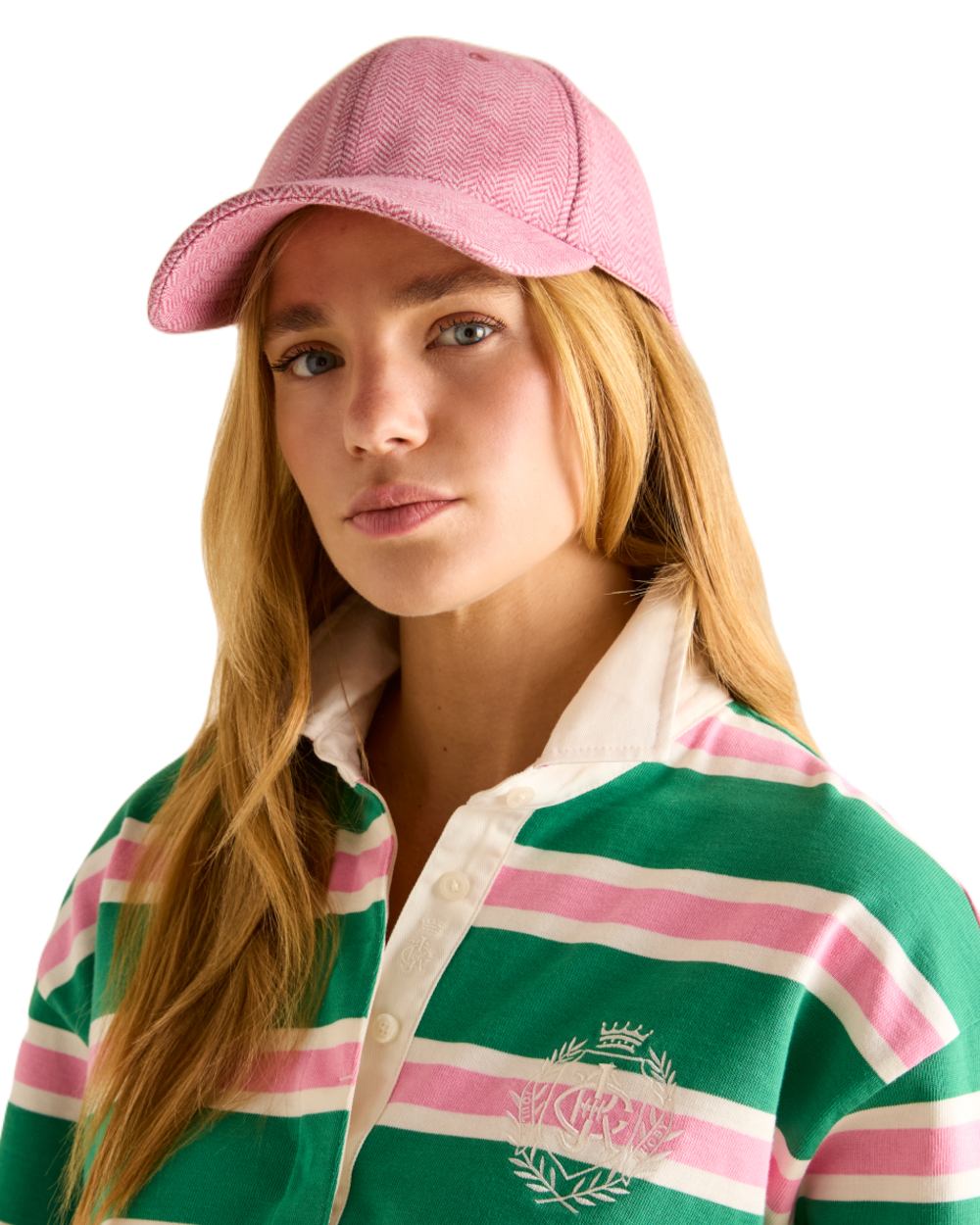 Pink coloured Joules Daley Herringbone Cap on white background