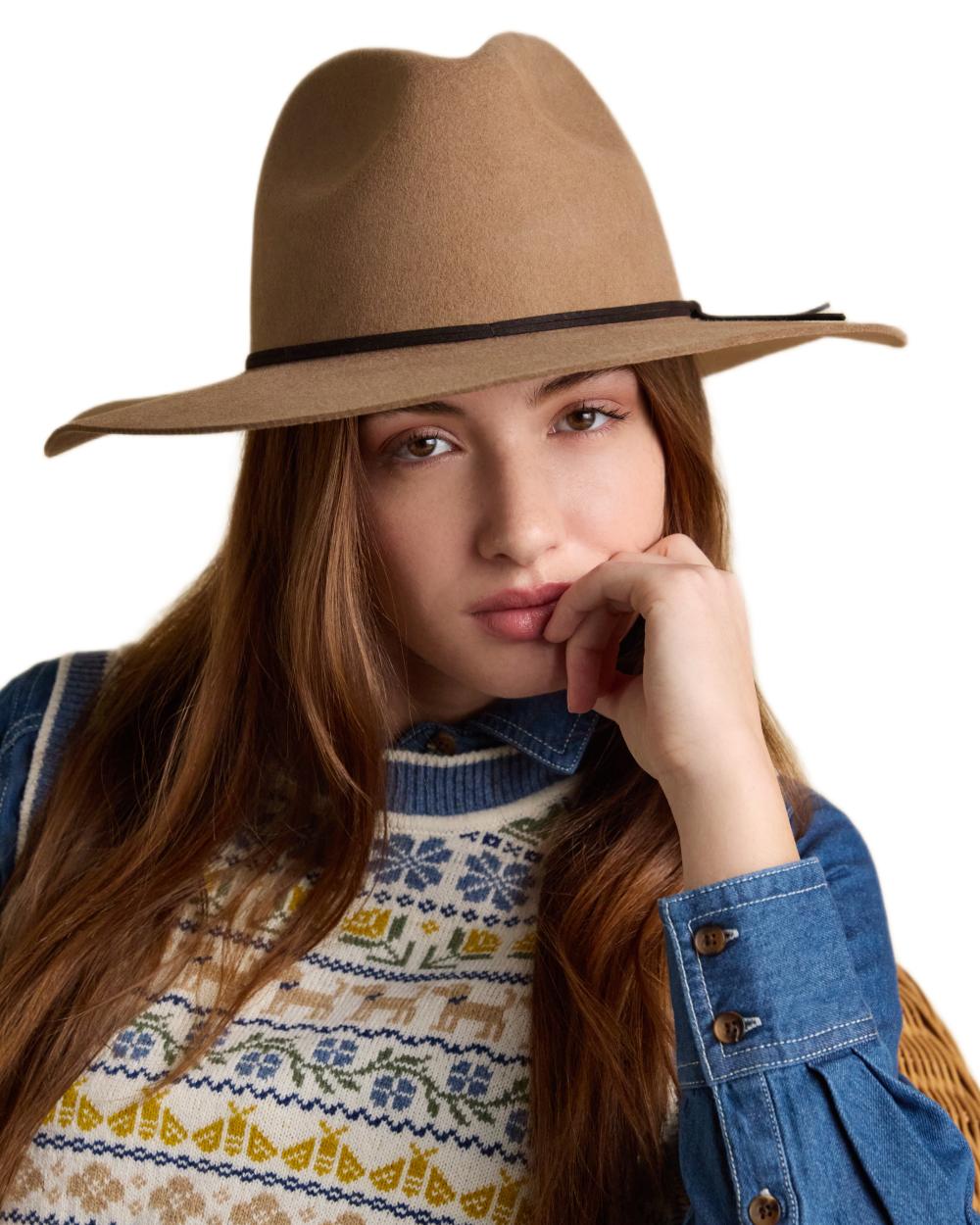 Tan Brown coloured Joules Grove Wool Fedora Hat on white background
