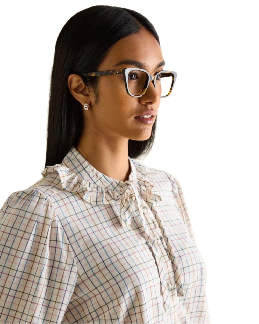 Tattersal Check coloured Joules Harper Pussybow Tie Blouse on White Background