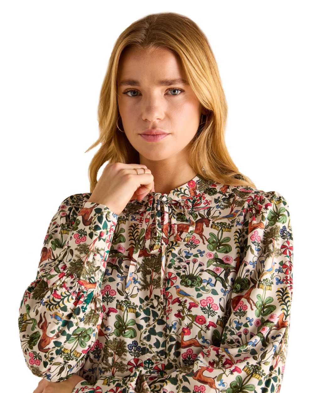 Mystical Forest Print coloured Joules Harper Pussybow Tie Blouse on White Background