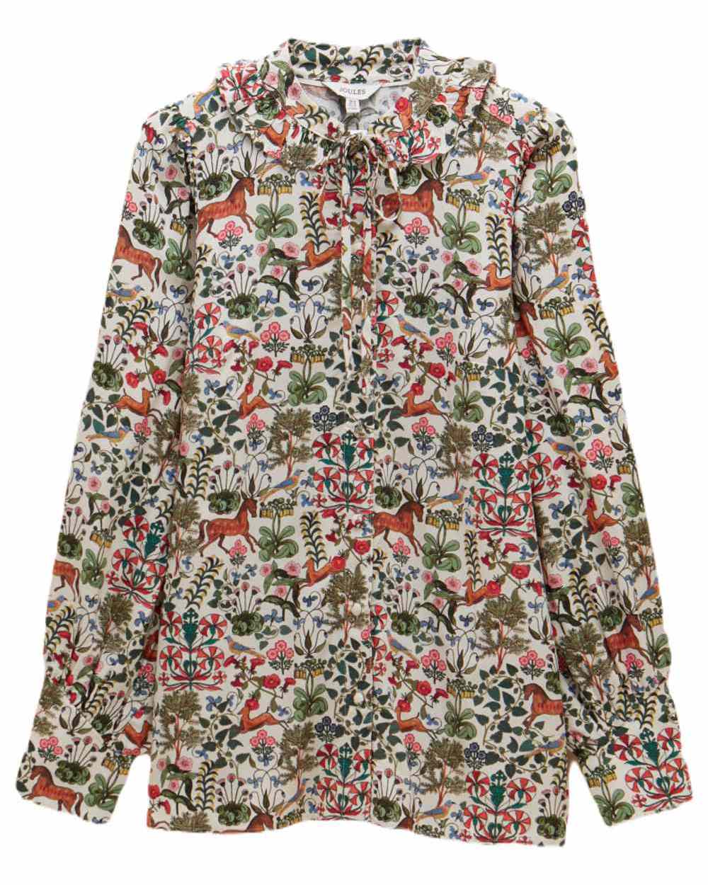 Mystical Forest Print coloured Joules Harper Pussybow Tie Blouse on White Background