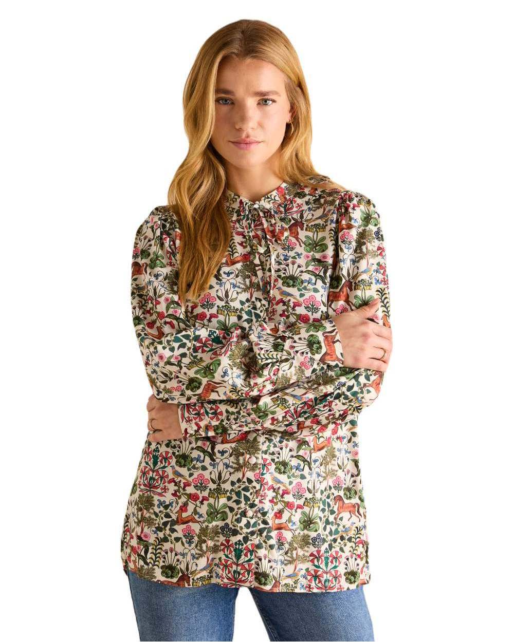 Mystical Forest Print coloured Joules Harper Pussybow Tie Blouse on White Background
