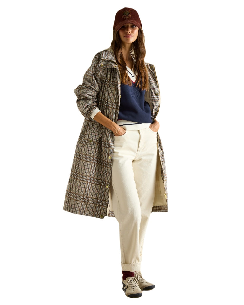 Dartmoor Check coloured Joules Holkham Waterproof Packable Raincoat With Hood on white background