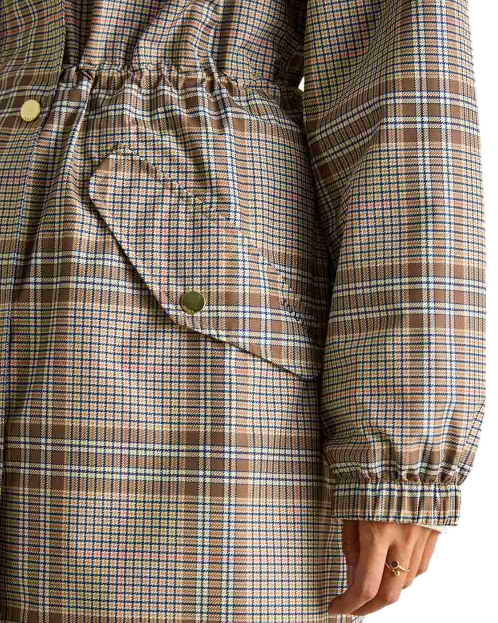 Dartmoor Check coloured Joules Holkham Waterproof Packable Raincoat With Hood on white background