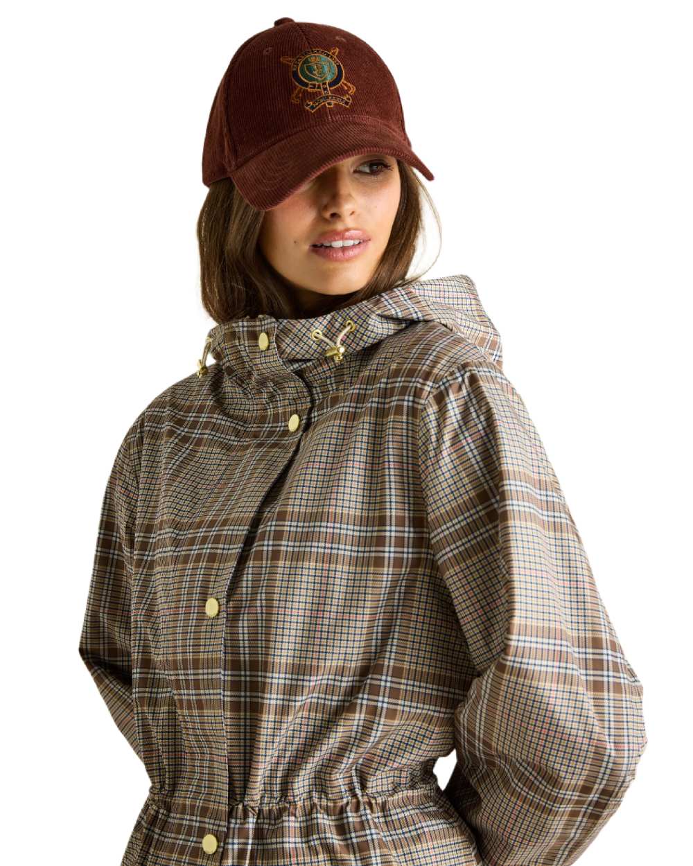 Dartmoor Check coloured Joules Holkham Waterproof Packable Raincoat With Hood on white background