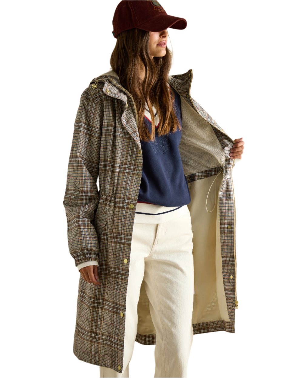 Dartmoor Check coloured Joules Holkham Waterproof Packable Raincoat With Hood on white background