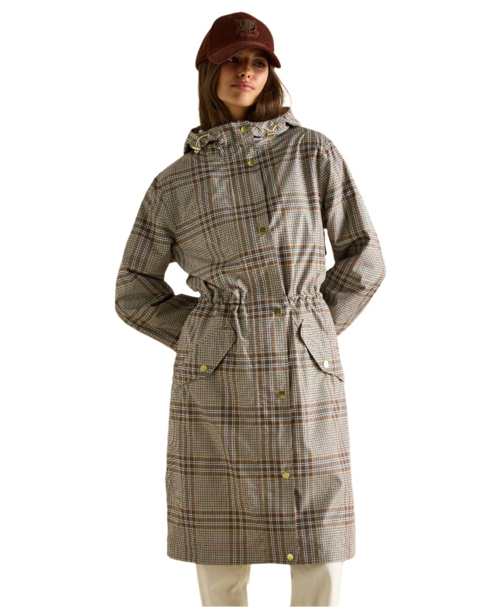 Dartmoor Check coloured Joules Holkham Waterproof Packable Raincoat With Hood on white background