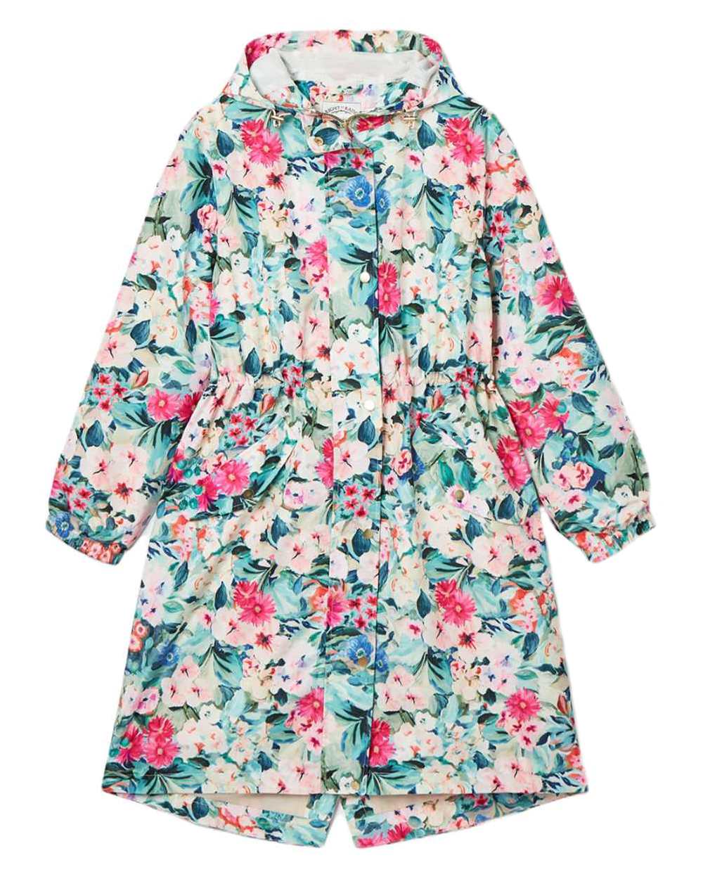 Floral coloured Joules Holkham Waterproof Packable Raincoat With Hood on white background