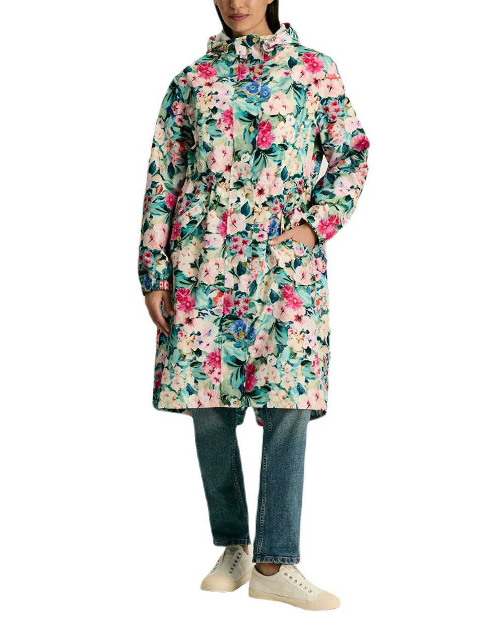 Floral coloured Joules Holkham Waterproof Packable Raincoat With Hood on white background