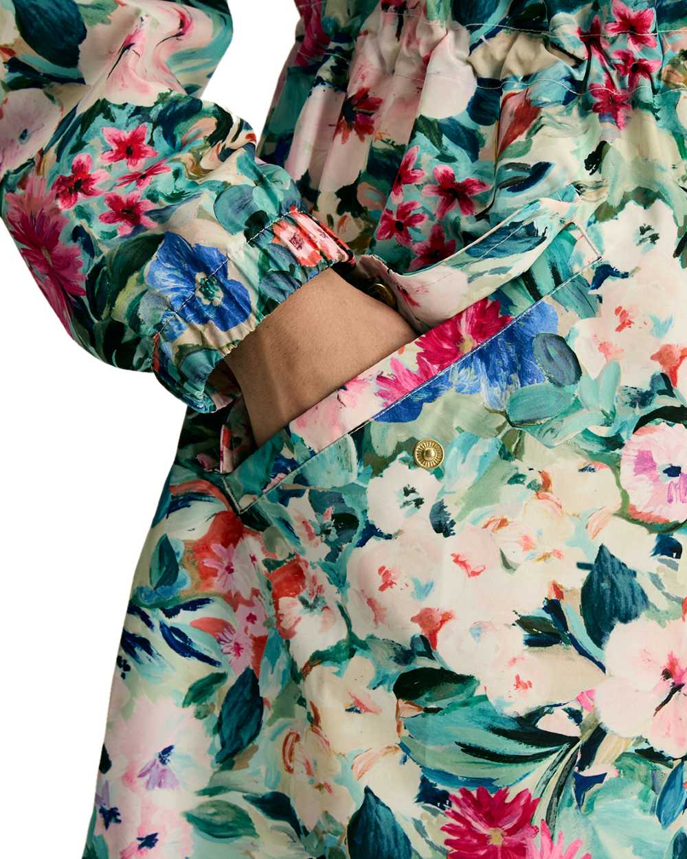 Floral coloured Joules Holkham Waterproof Packable Raincoat With Hood on white background