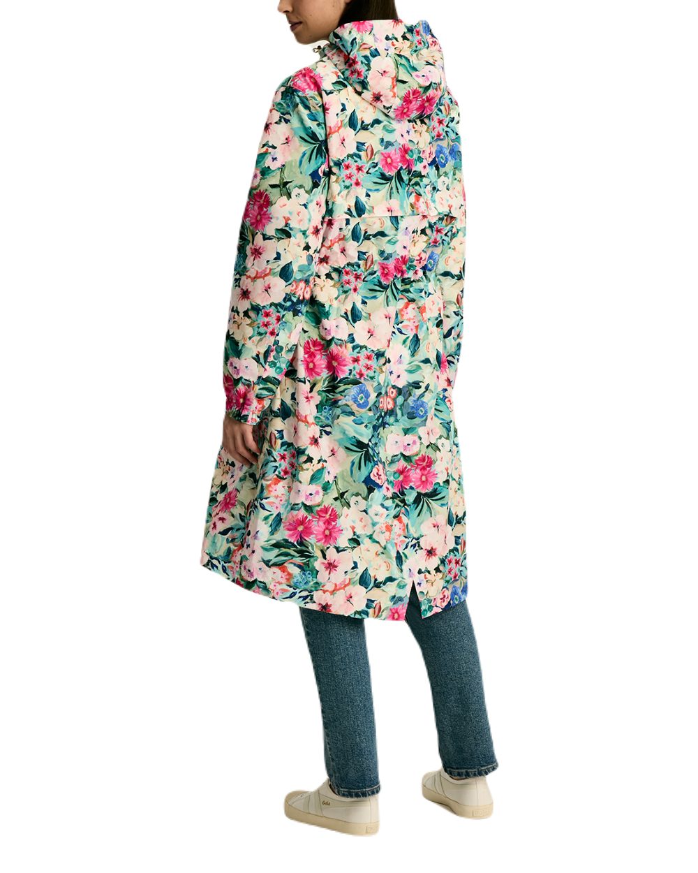 Floral coloured Joules Holkham Waterproof Packable Raincoat With Hood on white background