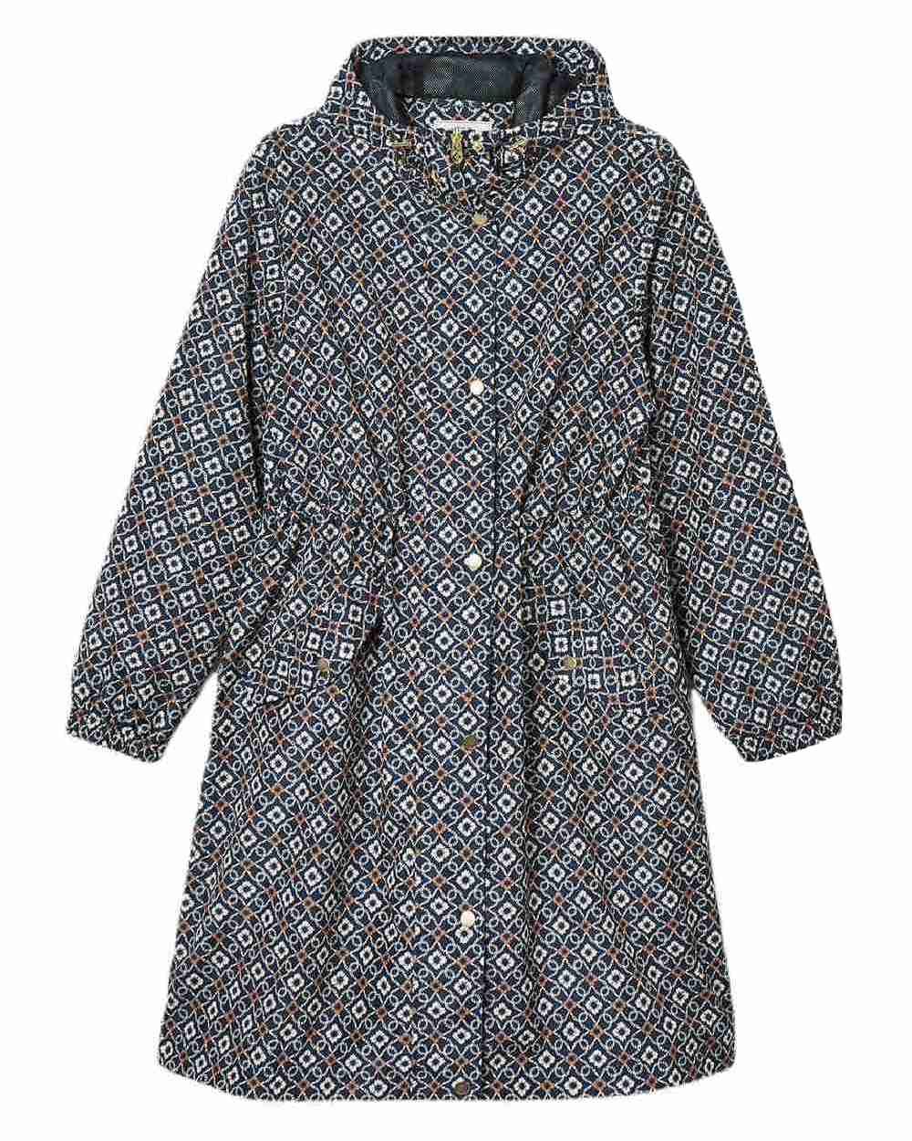 Flower Geo coloured Joules Holkham Waterproof Packable Raincoat With Hood on white background