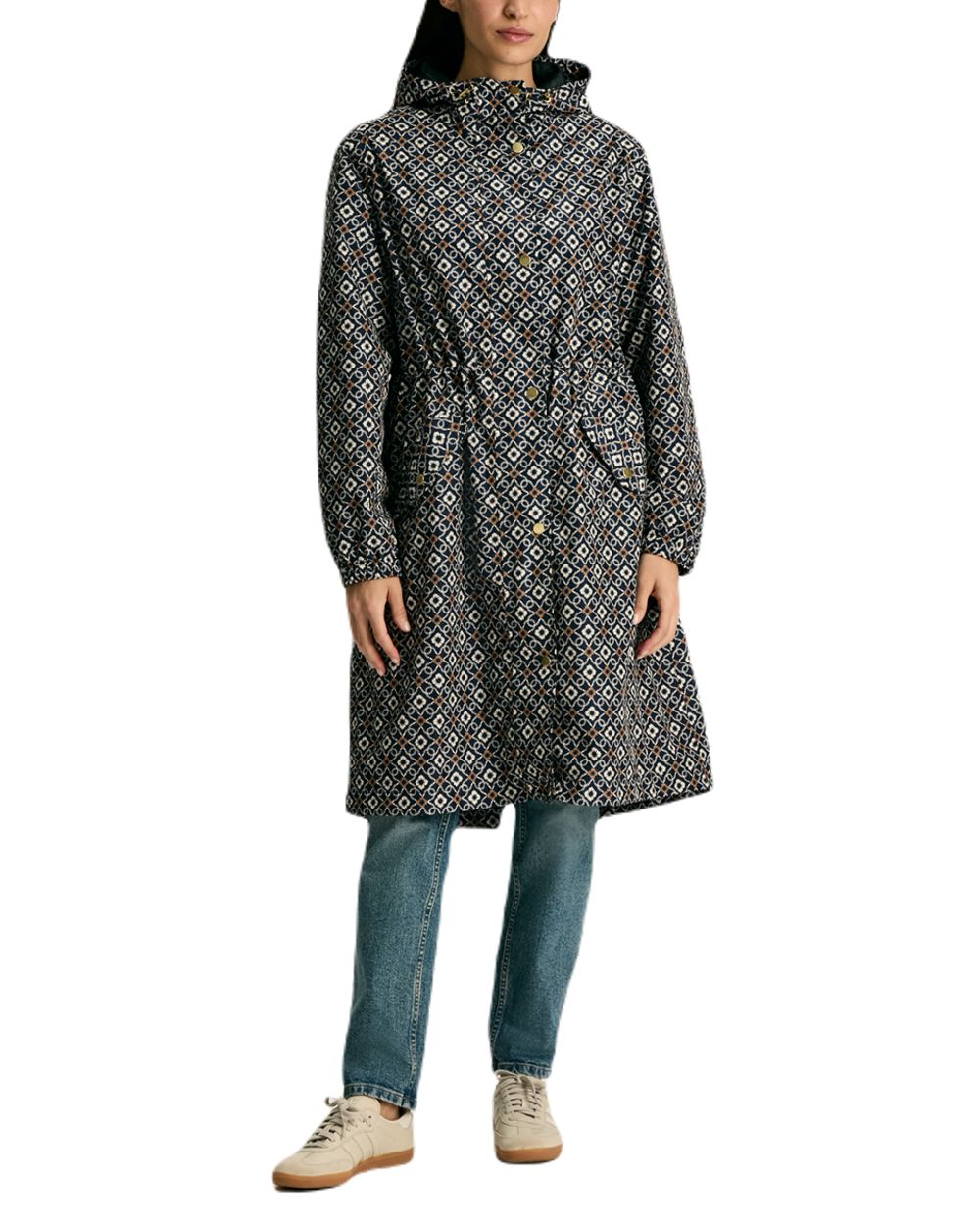 Flower Geo coloured Joules Holkham Waterproof Packable Raincoat With Hood on white background