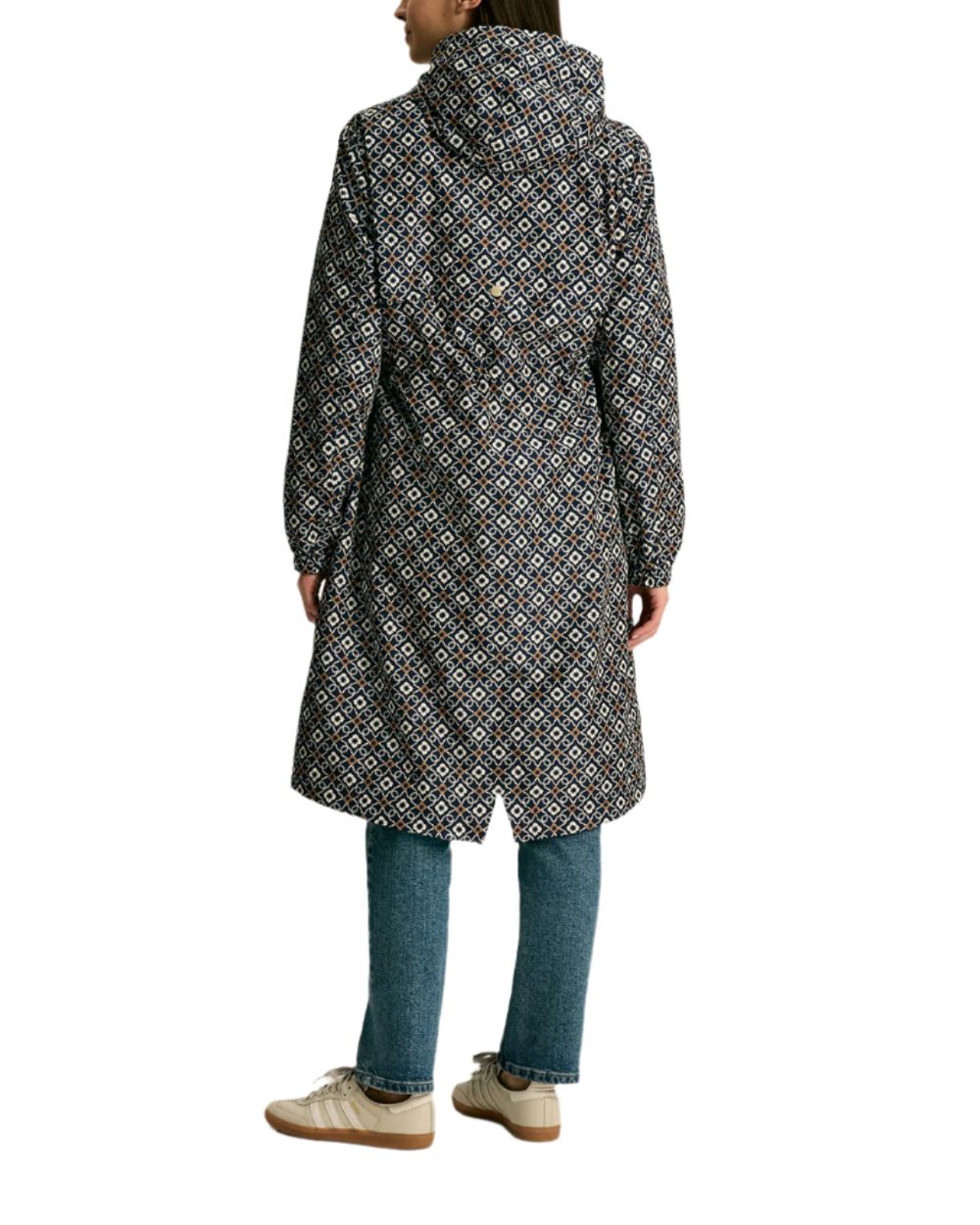 Flower Geo coloured Joules Holkham Waterproof Packable Raincoat With Hood on white background