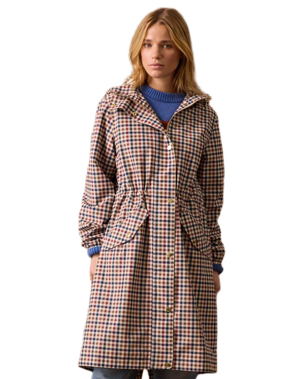 Gingham Coloured Joules Holkham Waterproof Packable Raincoat With Hood on white background