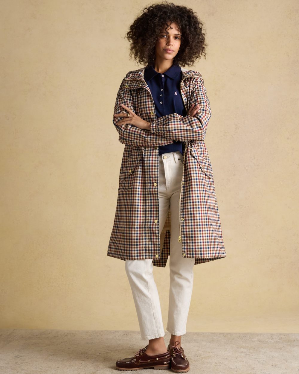 Gingham Coloured Joules Holkham Waterproof Packable Raincoat With Hood on wall background