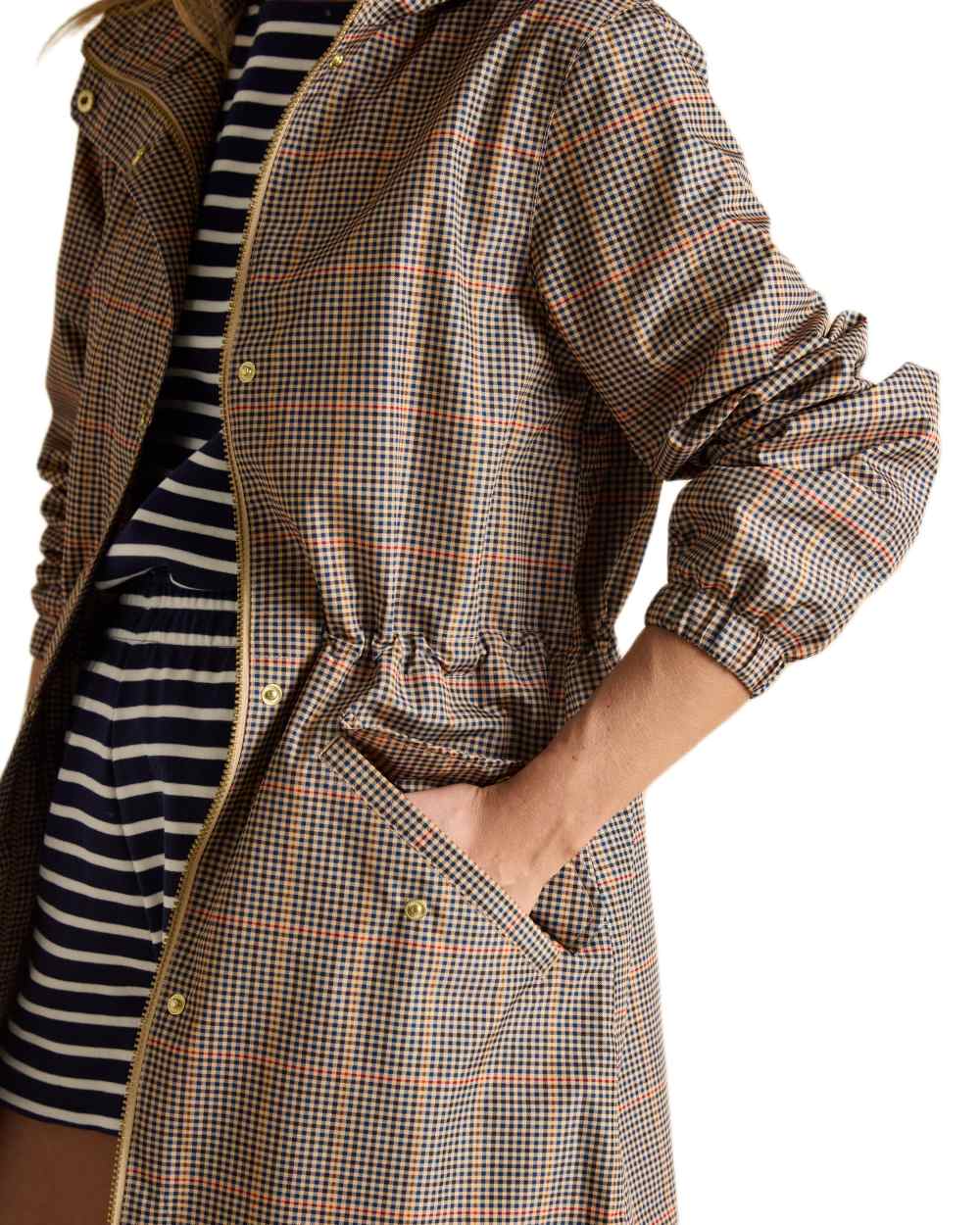 Henson Check Coloured Joules Holkham Waterproof Packable Raincoat With Hood on white background