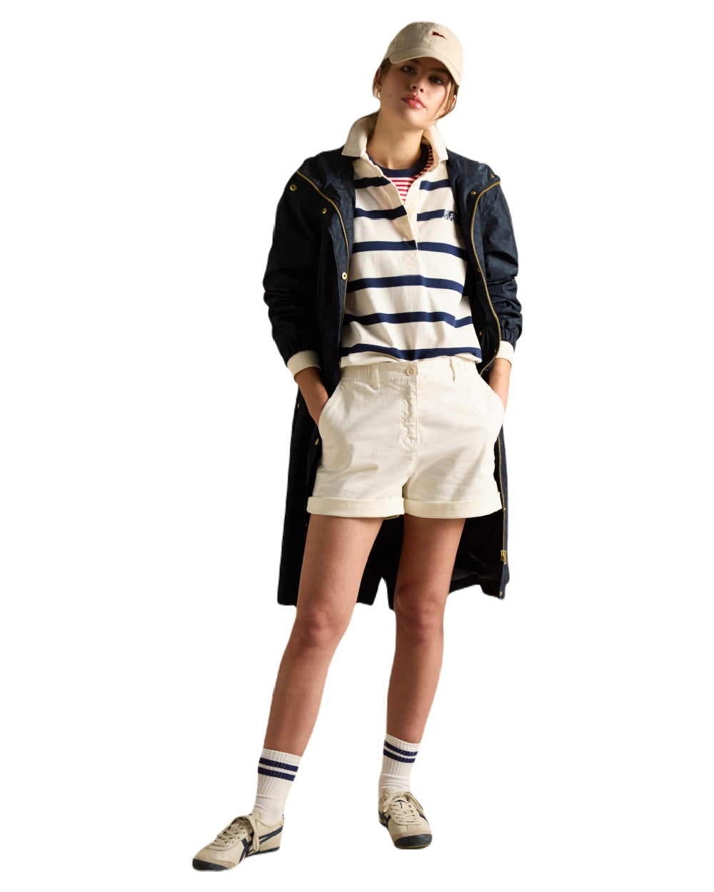 Navy Paisley coloured Joules Holkham Waterproof Packable Raincoat With Hood on white background