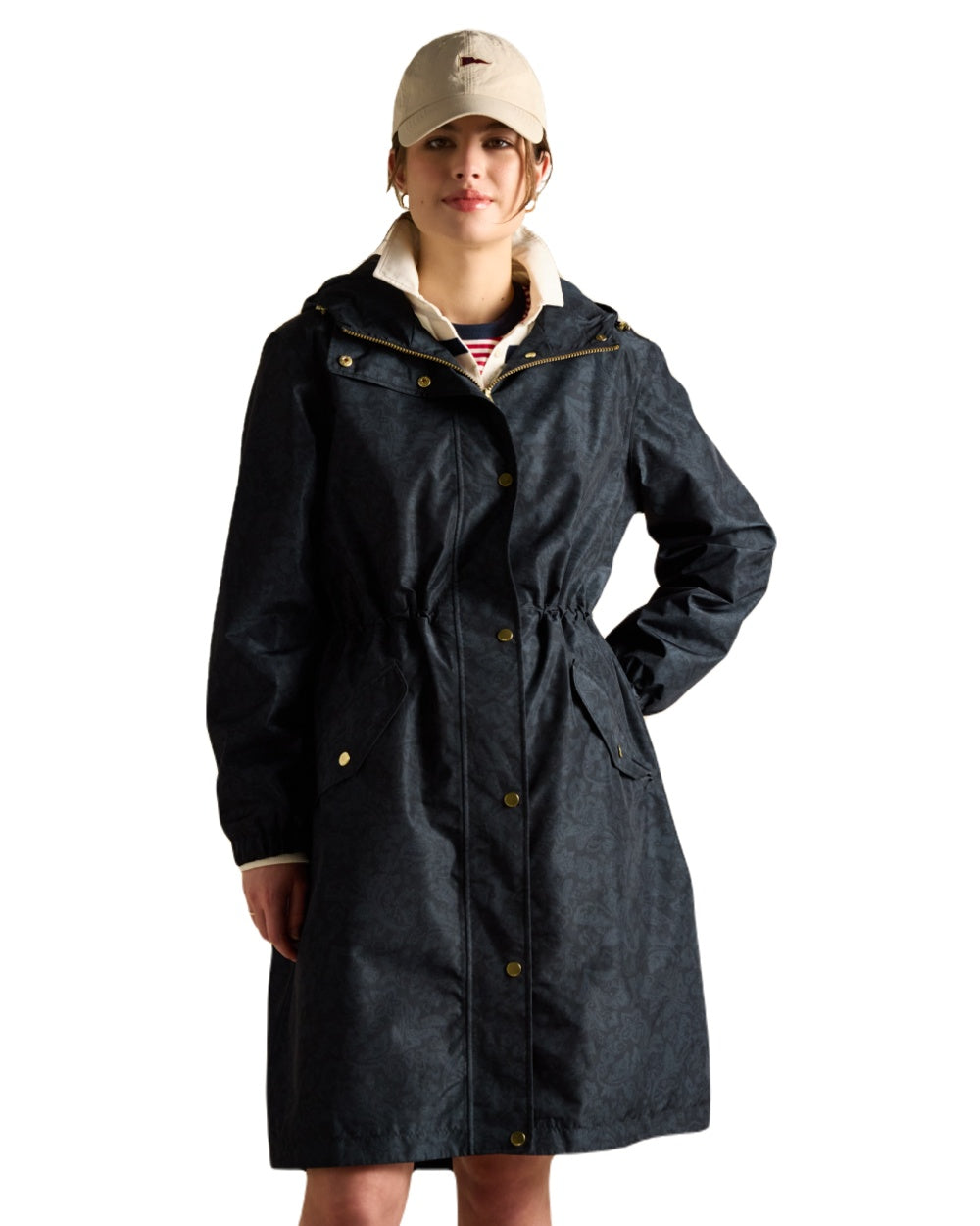 Navy Paisley coloured Joules Holkham Waterproof Packable Raincoat With Hood on white background