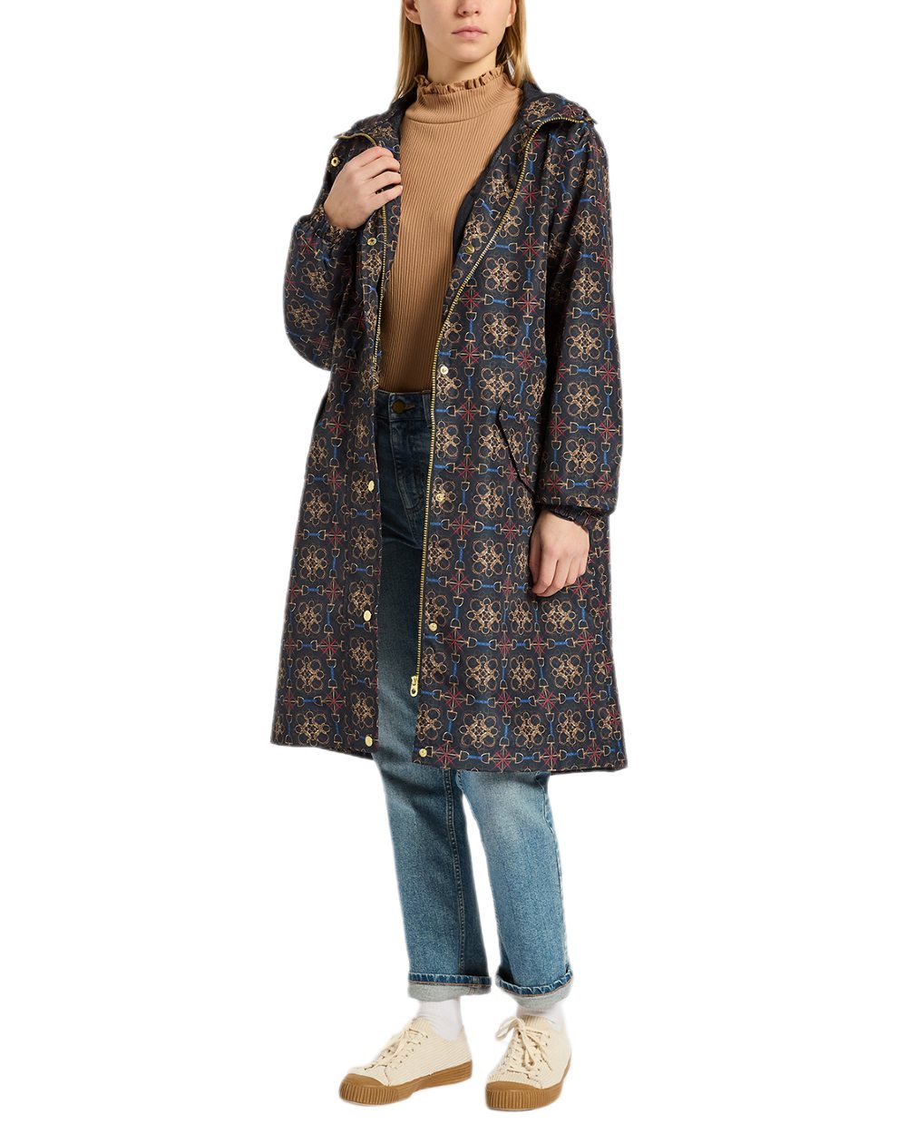 Navy Stirrup Geo Coloured Joules Holkham Waterproof Packable Raincoat With Hood on white background