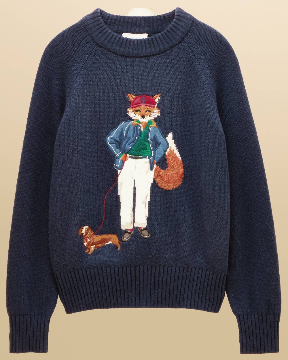 Navy Coloured Joules Jonty Intarsia Knit Jumper on beige background