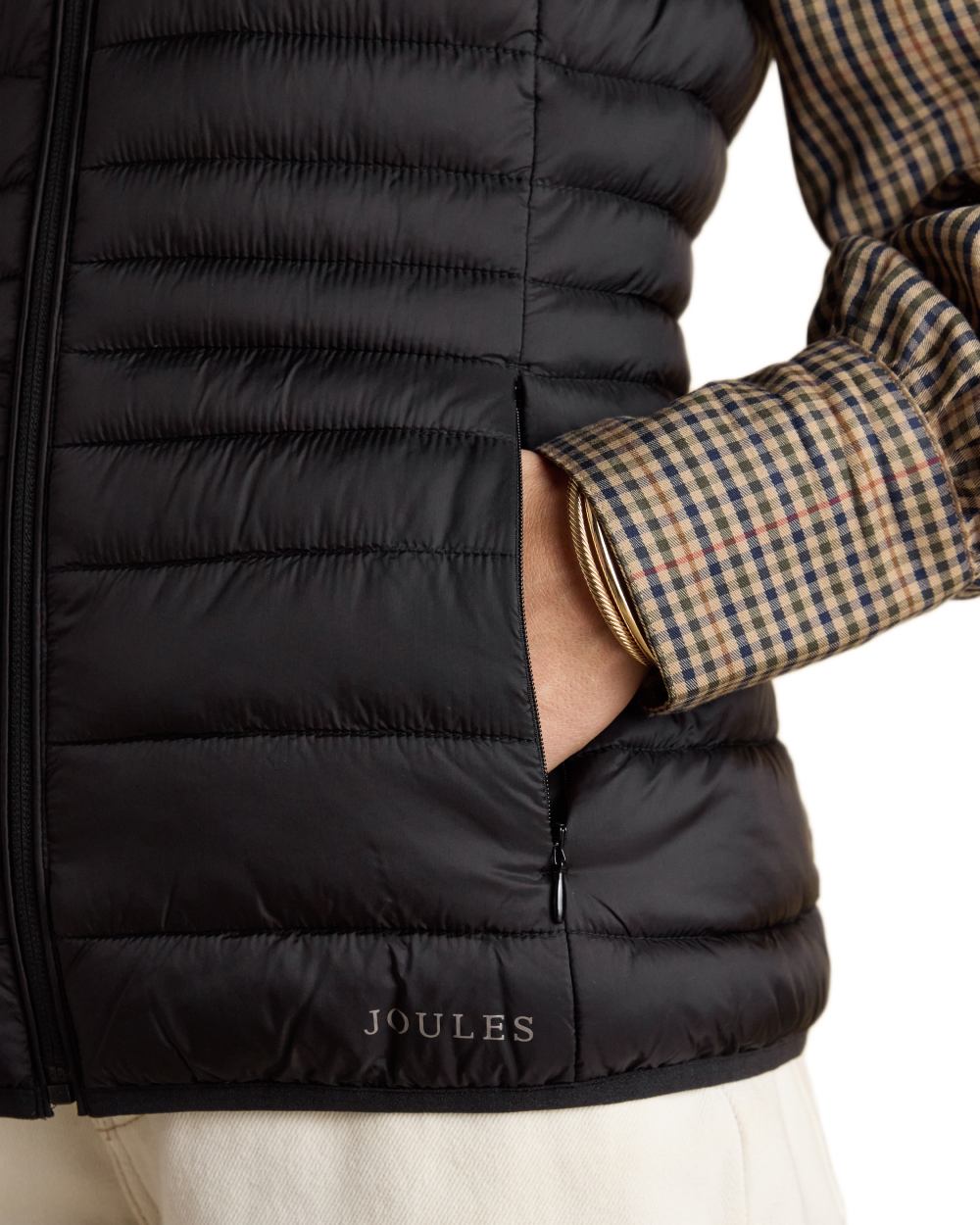 Black coloured Joules Kenley Showerproof Padded Gilet on white background