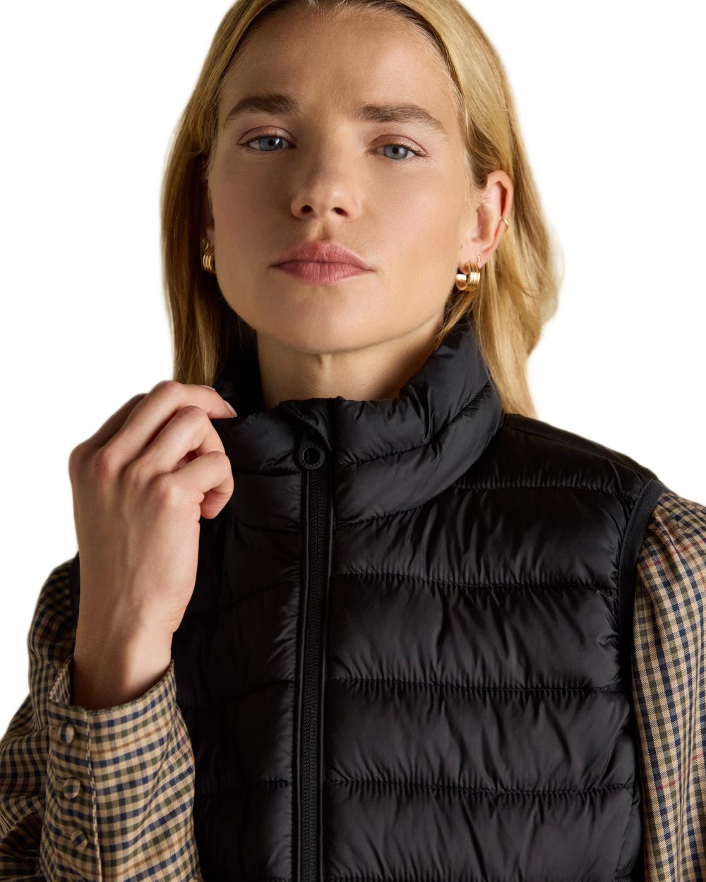 Black coloured Joules Kenley Showerproof Padded Gilet on white background