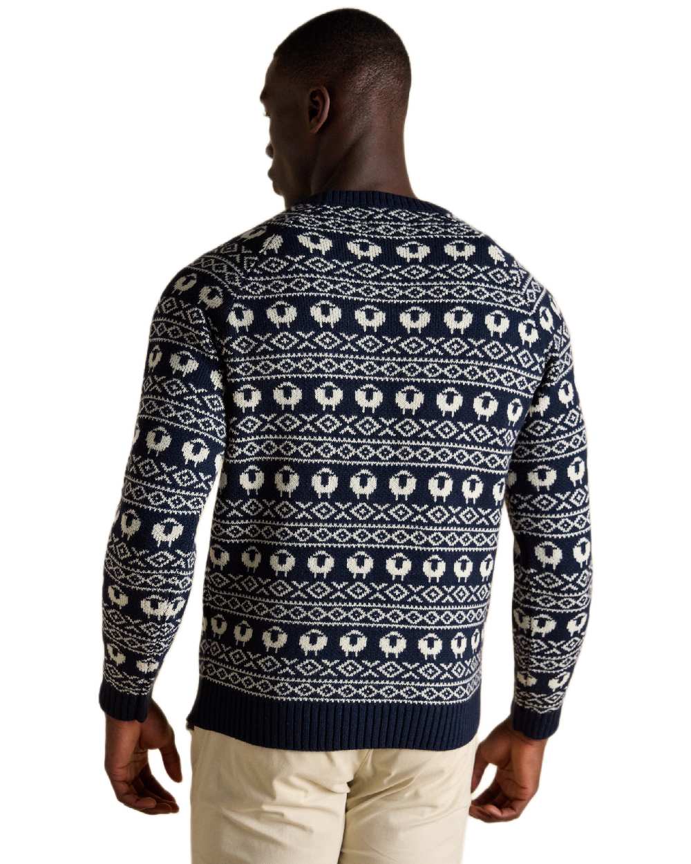 Navy Coloured Joules Mens Baa Humbug Intarsia Christmas Jumper on white background