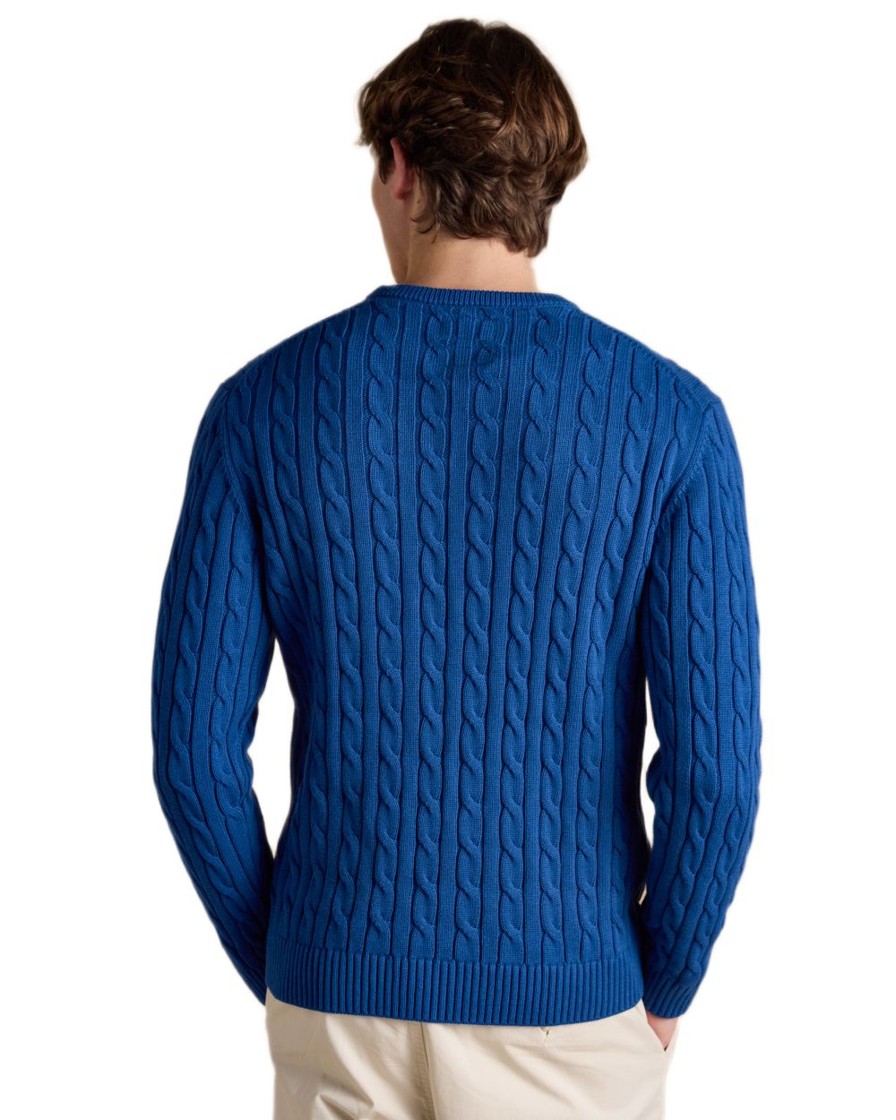 Navy coloured Joules Mens Crew Neck Cotton Cable Knit Jumper on white background