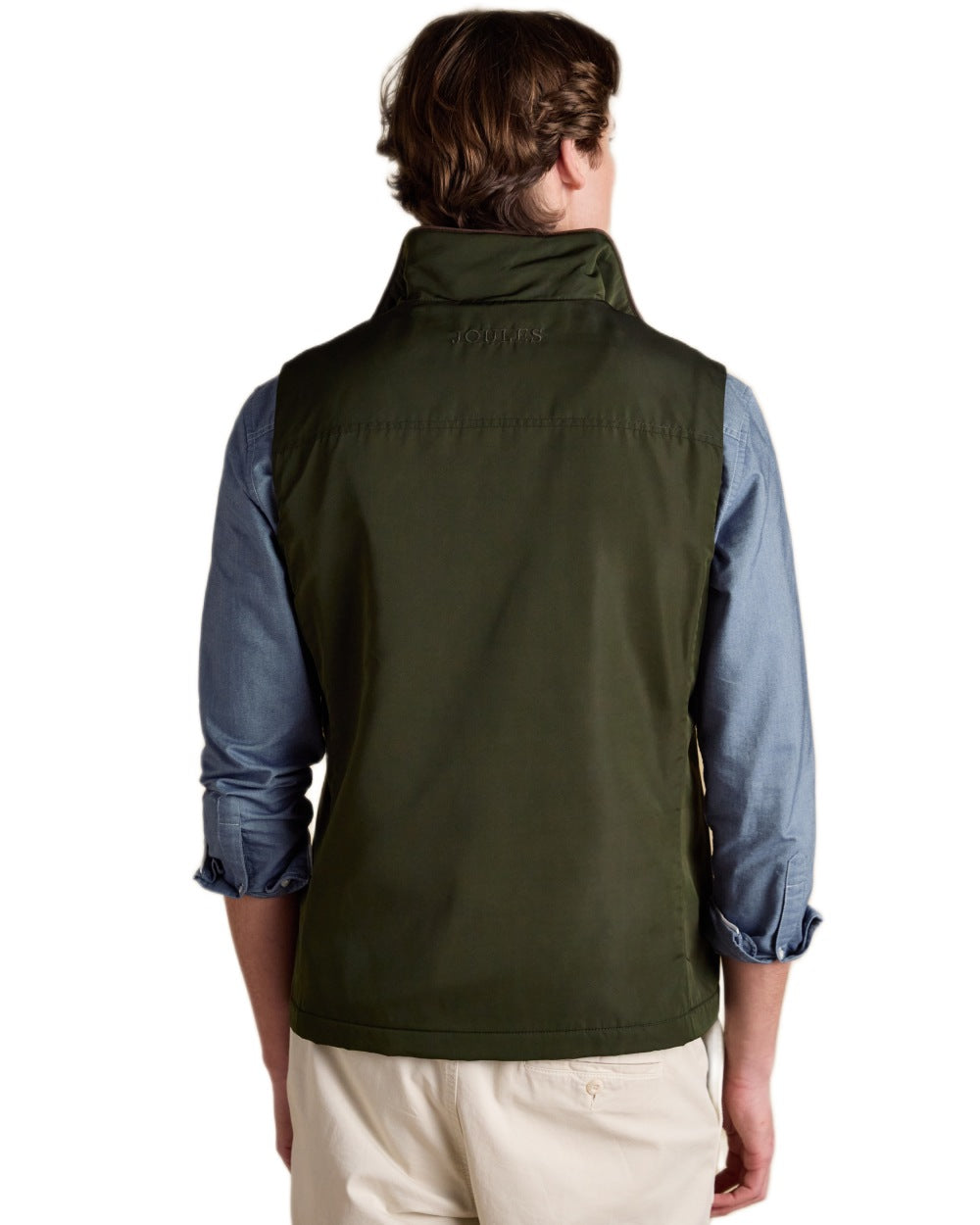 Green coloured Joules Mens Farnham Padded Fleece Lined Gilet on white background