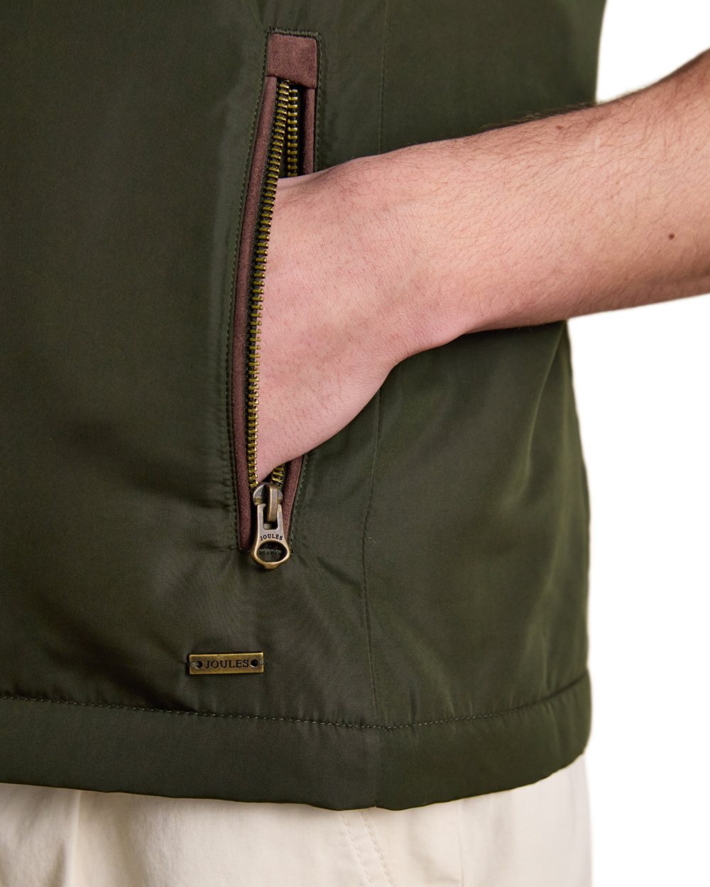 Green coloured Joules Mens Farnham Padded Fleece Lined Gilet on white background