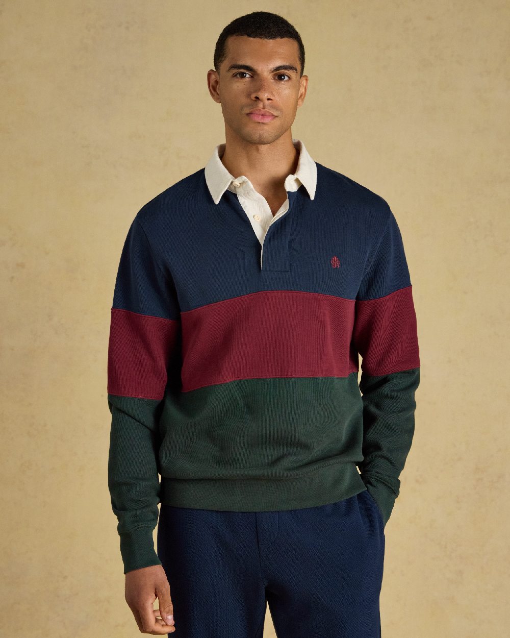 Green Navy Coloured Joules Mens French Rib Rugby Long Sleeve Sweatshirt on Beige Background