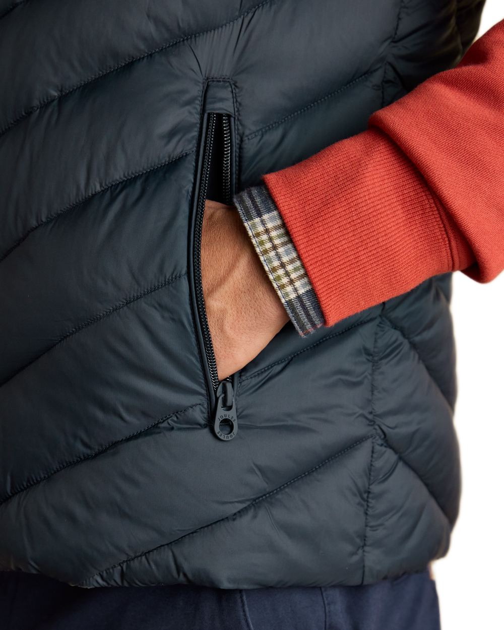 Navy coloured Joules Mens Garrett Showerproof Padded Gilet on white background