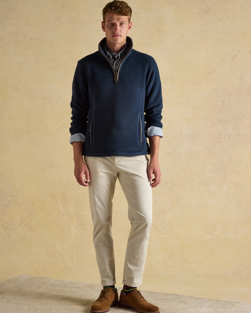 Navy Coloured Joules Mens Heritage Quarter Zip Fleece on wall background