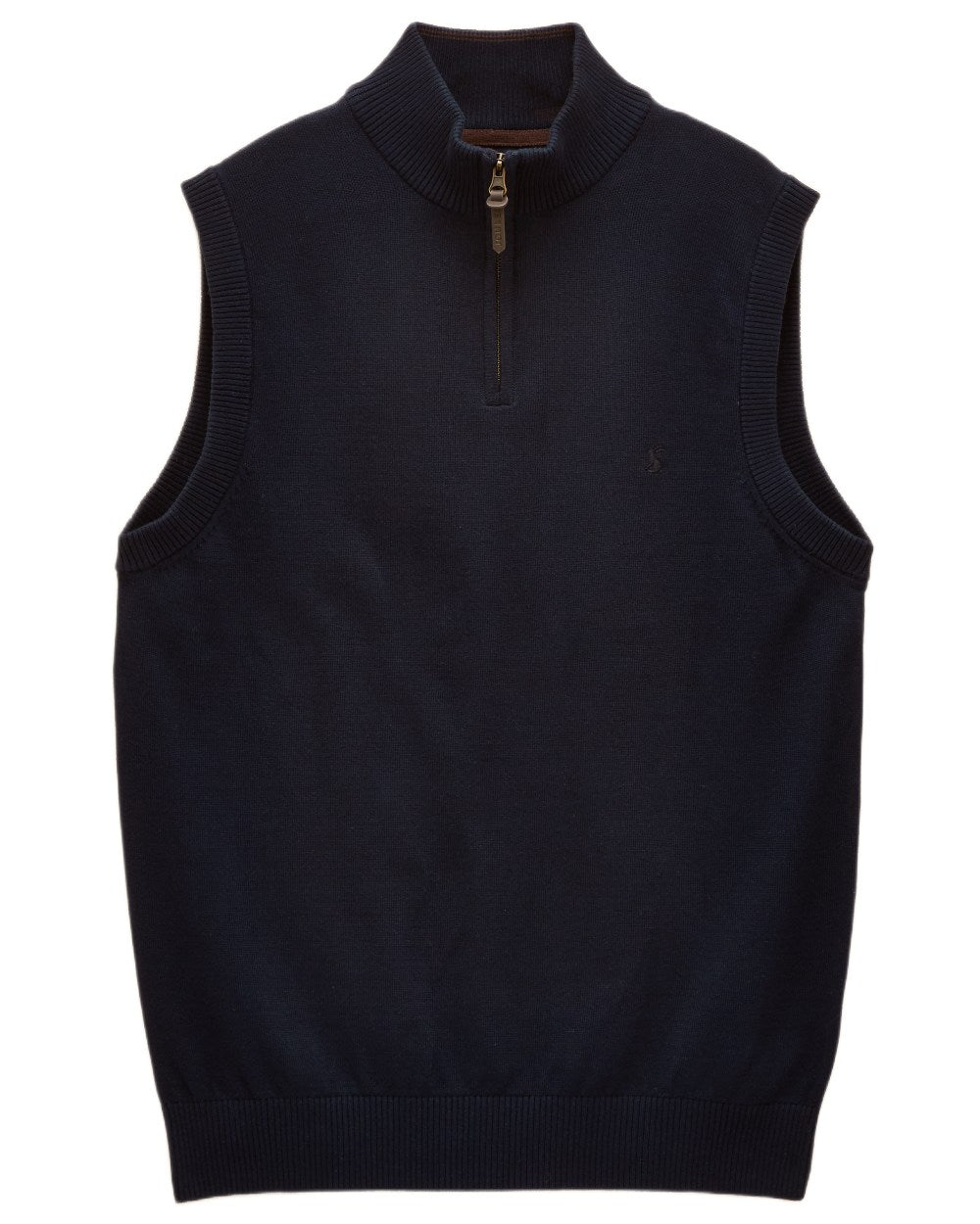 Navy coloured Joules Mens Hillside Quarter Zip Knitted Tank Top on white background