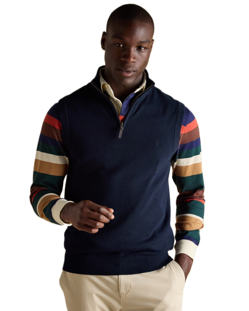 Navy coloured Joules Mens Hillside Quarter Zip Knitted Tank Top on white background
