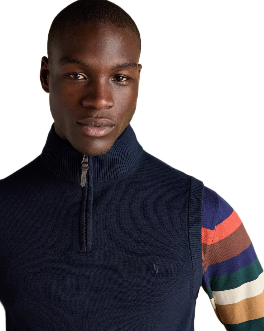 Navy coloured Joules Mens Hillside Quarter Zip Knitted Tank Top on white background