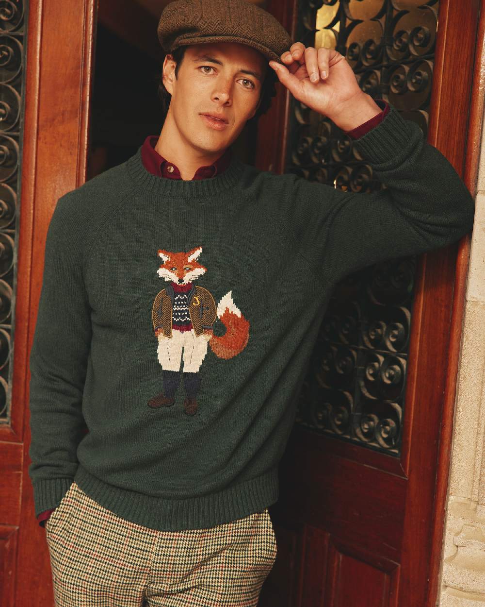 Green Coloured Joules Mens Jonty Intarsia Crew Knit Jumper on outdoor background