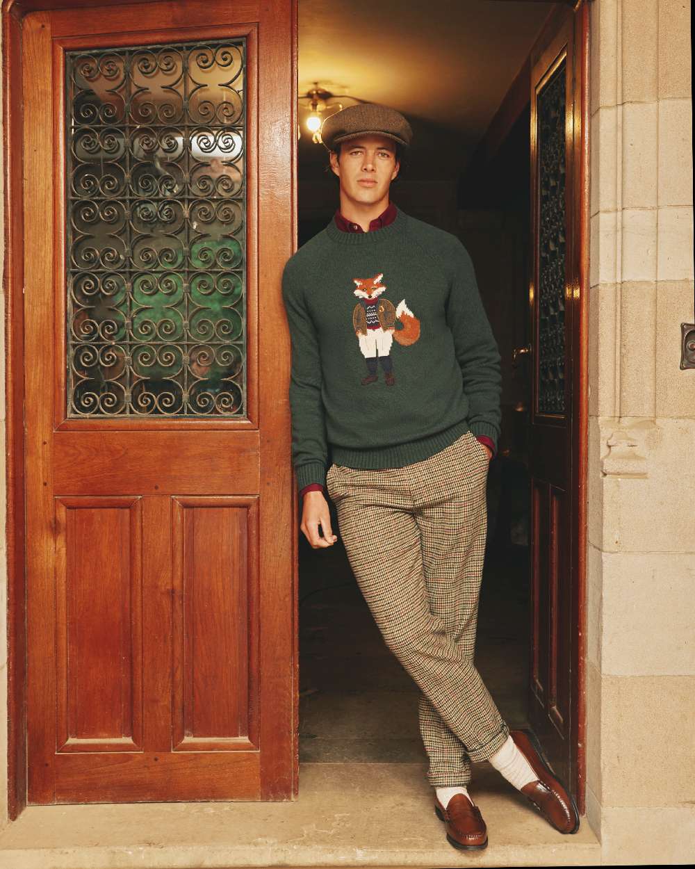 Green Coloured Joules Mens Jonty Intarsia Crew Knit Jumper on outdoor background