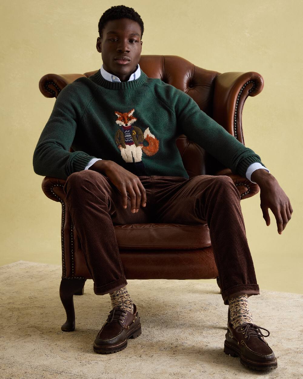 Green Coloured Joules Mens Jonty Intarsia Crew Knit Jumper on indoor background