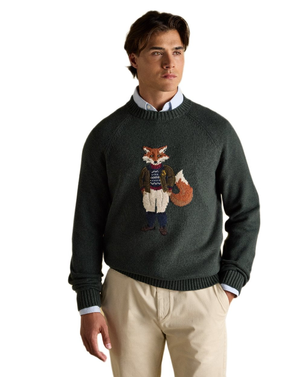 Green Coloured Joules Mens Jonty Intarsia Crew Knit Jumper on white background