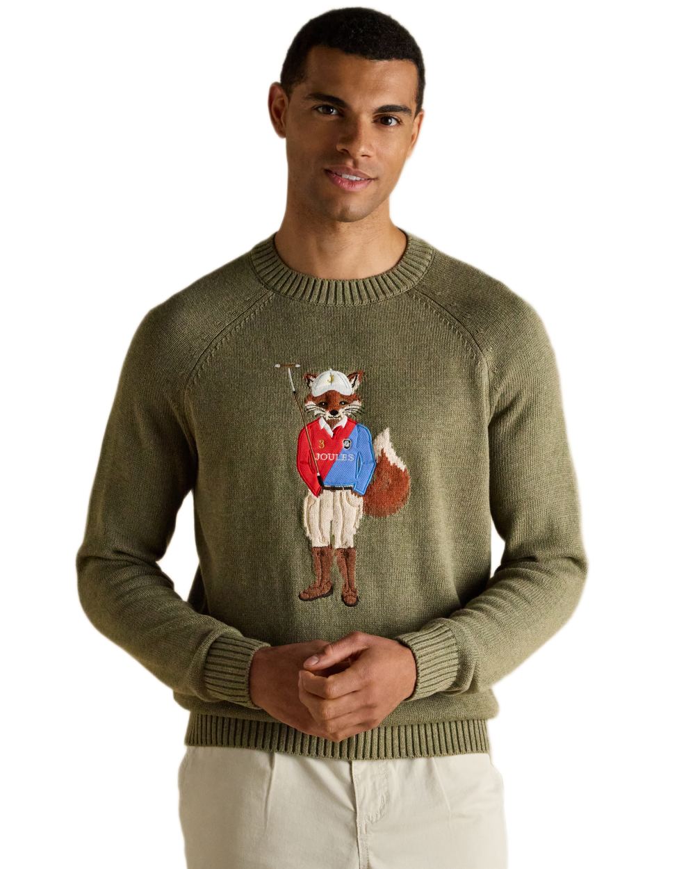 Khaki Green Coloured Joules Mens Jonty Intarsia Crew Knit Jumper on white background