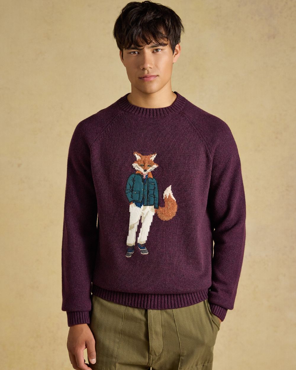 Purple Coloured Joules Mens Jonty Intarsia Crew Knit Jumper on beige background