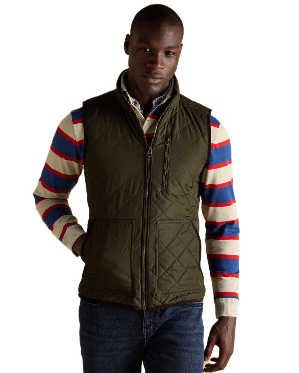 Green coloured Joules Mens Maynard Diamond Quilted Gilet on white background