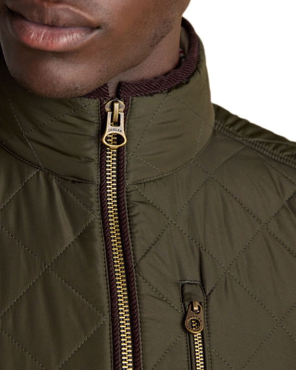 Green coloured Joules Mens Maynard Diamond Quilted Gilet on white background