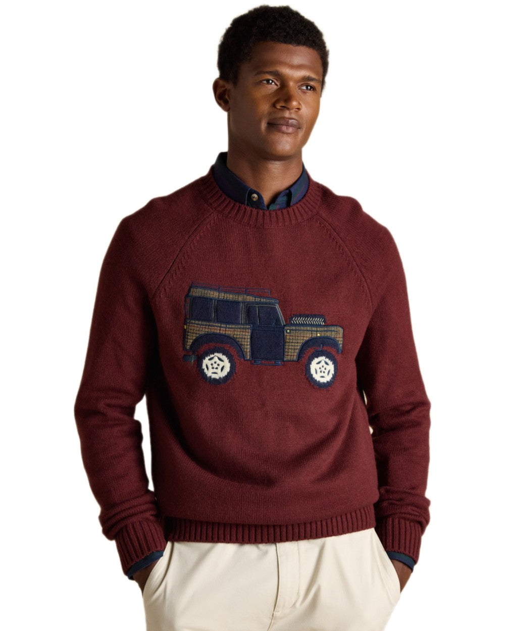 Burgundy Red Coloured Joules Mens Offroad Crew Neck Jumper on white background