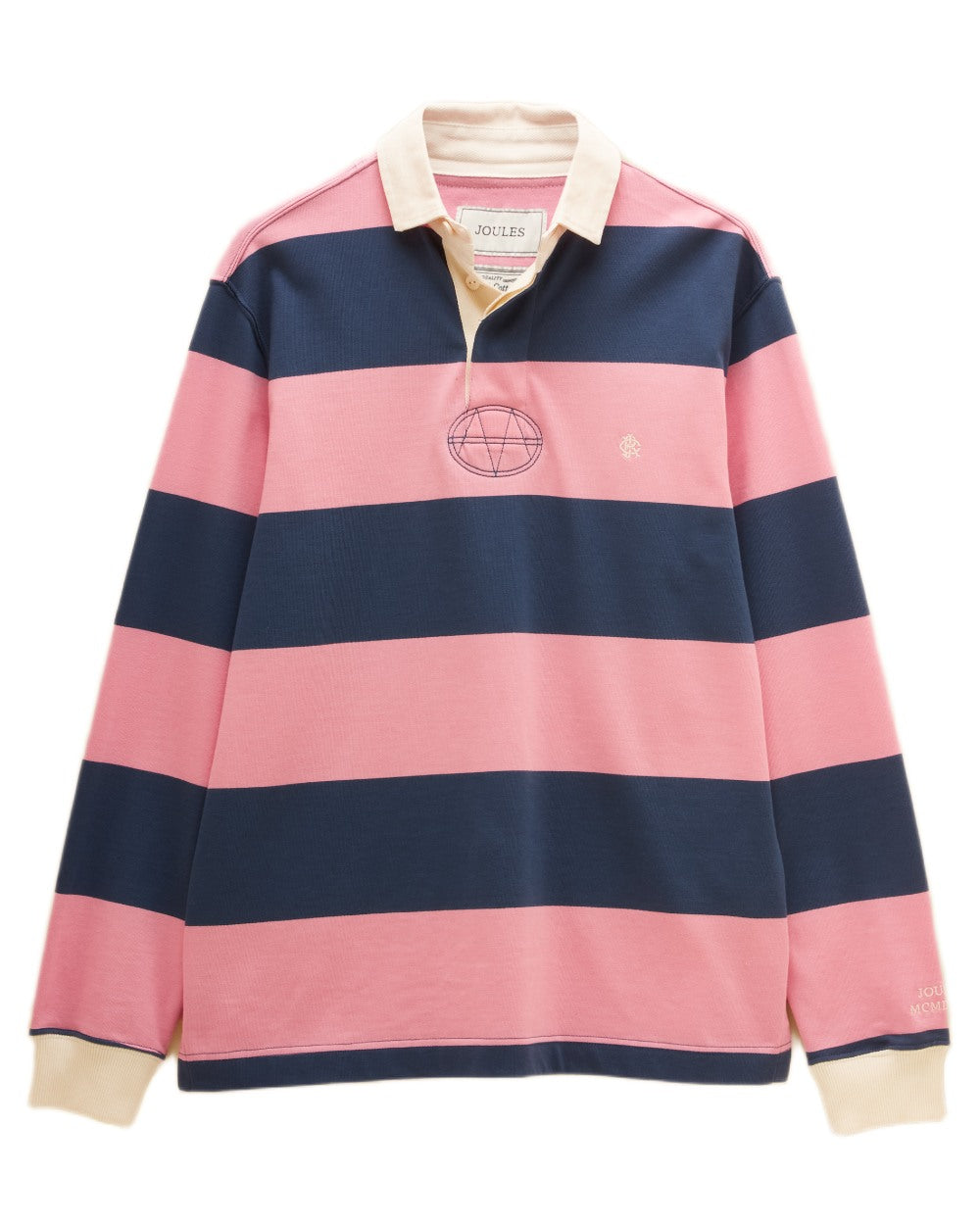 Pink Blue Coloured Joules Mens Onside Rugby Shirt on white background
