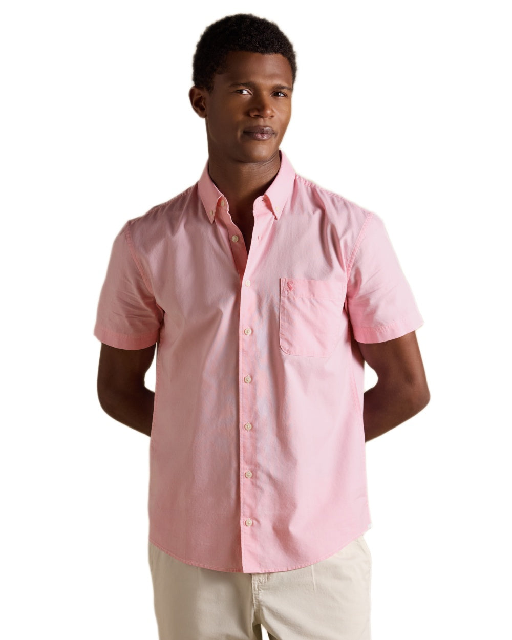 Pink coloured Joules Mens Oxford Short Sleeve Classic Fit Cotton Shirt on white background